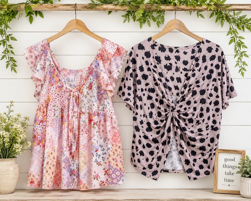 SHEIN Curve 1XL Bundle Floral Babydoll & Leopard Back Twist Tops